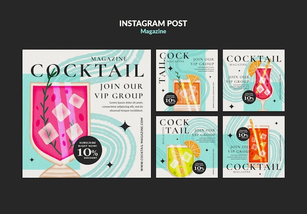 PSD post di instagram di riviste di cocktail disegnati a mano