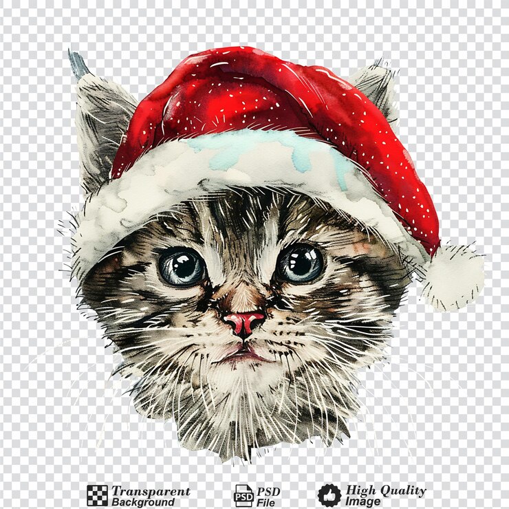 PSD hand drawn cute christmas cat with santa hat isolated on transparent background