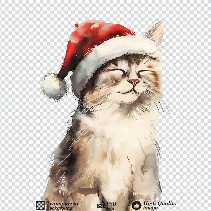 PSD hand drawn cute christmas cat with santa hat isolated on transparent background
