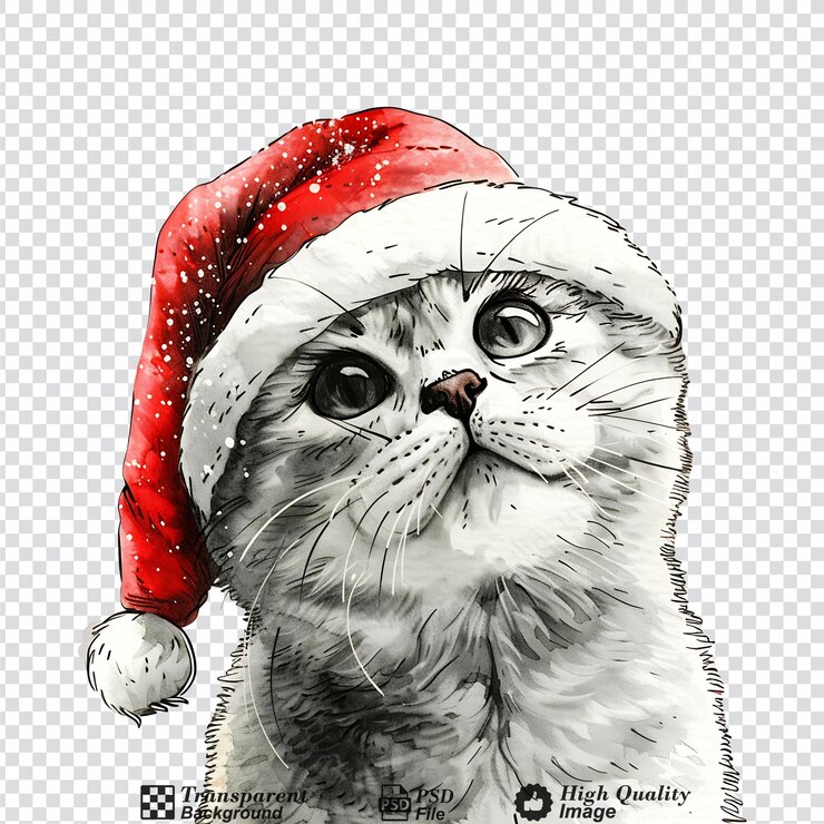 PSD hand drawn cute christmas cat with santa hat isolated on transparent background