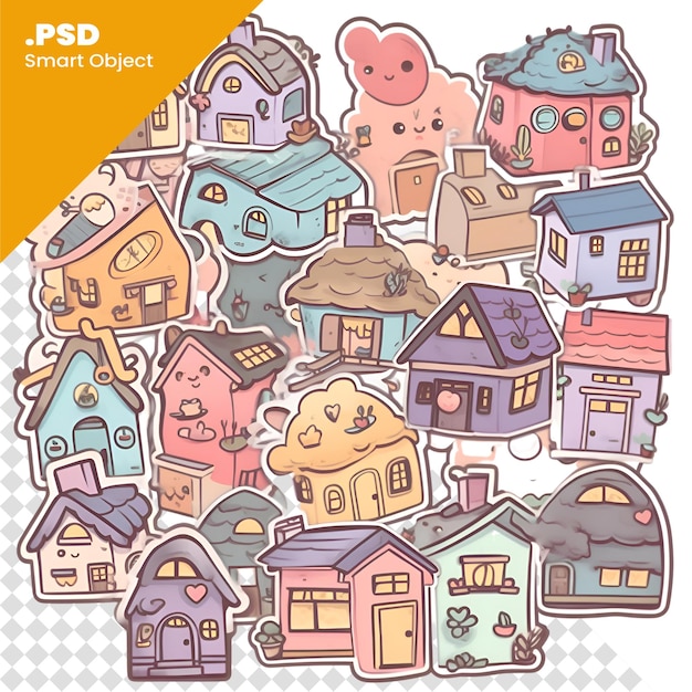 PSD case doodle carine disegnate a mano illustrazione vettoriale del modello psd delle case