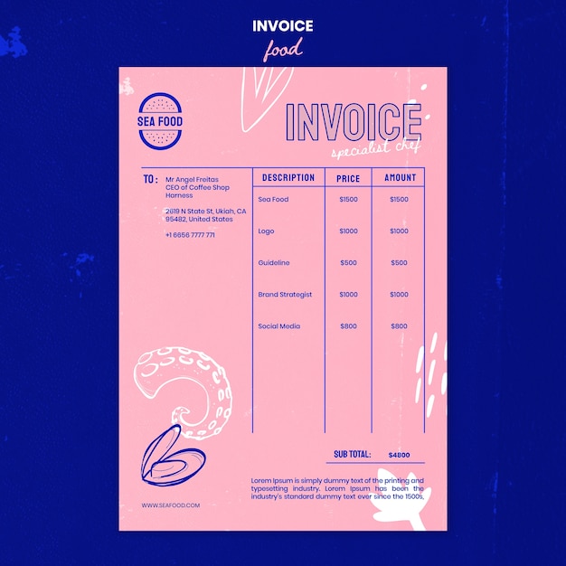 PSD hand drawn delicious seafood invoice template