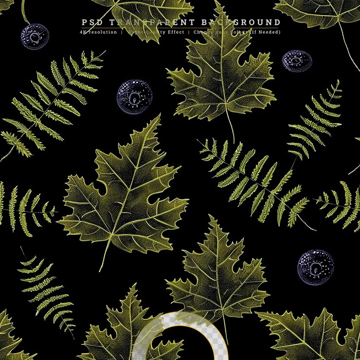 PSD hand drawn fern leaves seamless on transparent background