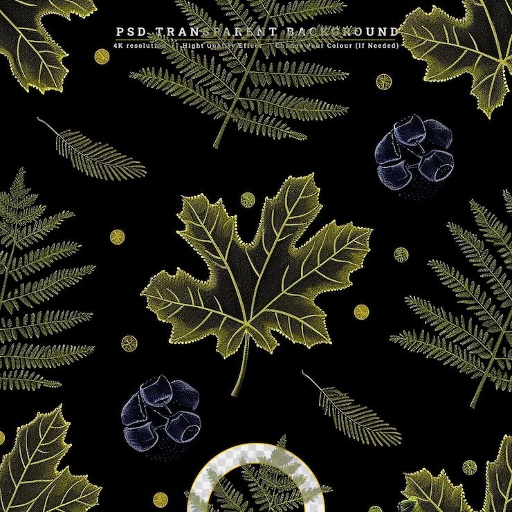 PSD hand drawn fern leaves seamless on transparent background