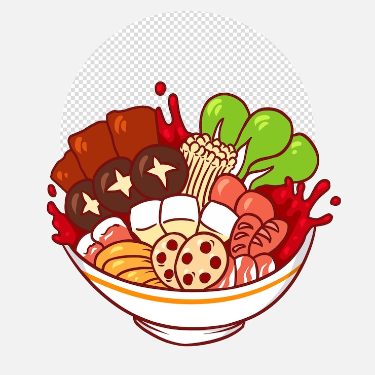 PSD 手描きフラットデザイン中華韓国料理スパイシーな鍋漫画イラスト