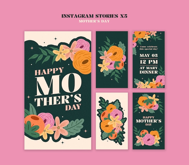 PSD hand drawn flat floral mother's day instagram stories set