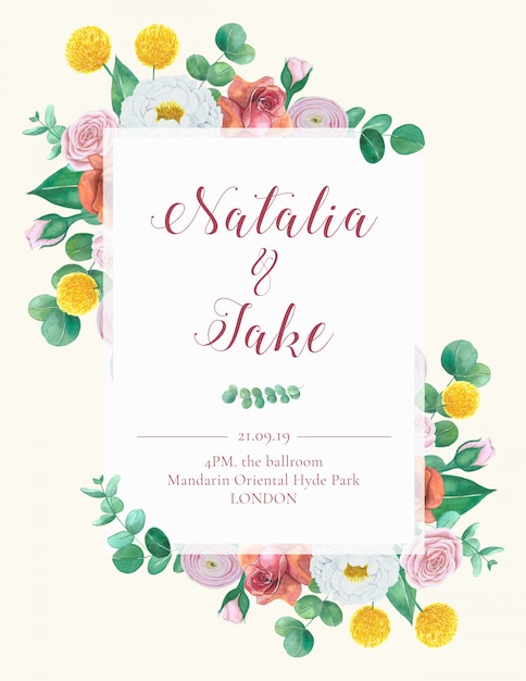 PSD 手描きの花の結婚式の招待カード