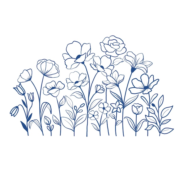 hand drawn flower elements doodle outline plant flower simple vector