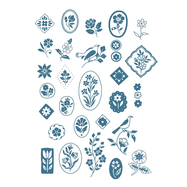 hand drawn flower and leafy plant flat elements with simple lines