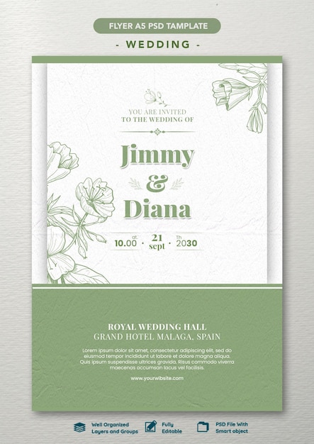 PSD hand drawn flower wedding invitation tamplate