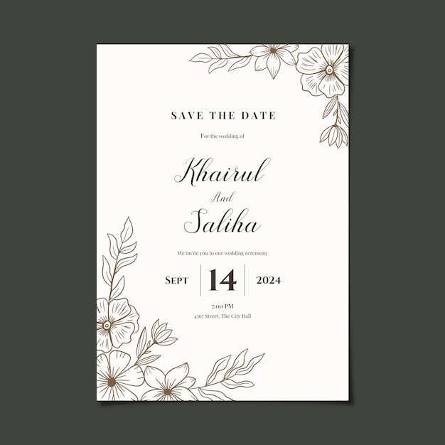 PSD hand drawn flowers wedding invitation template