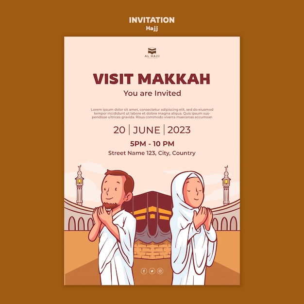 Modello di invito celebrazione hajj disegnato a mano