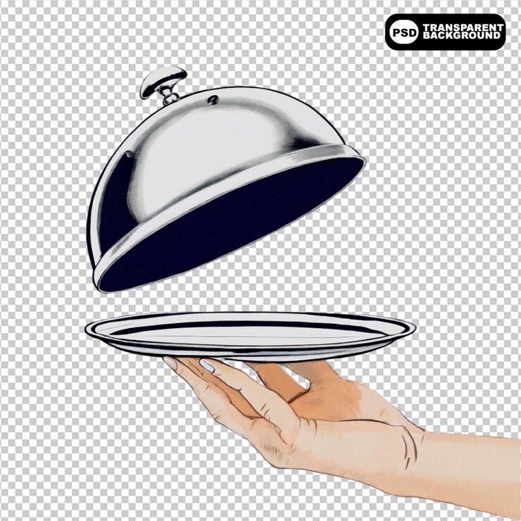 PSD hand drawn hand holding silver cloche and open the cover png isolated on transparent background