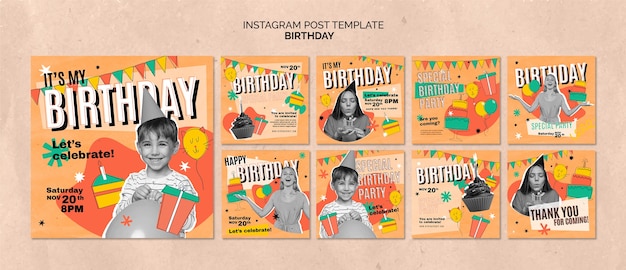 PSD post di instagram di buon compleanno disegnato a mano