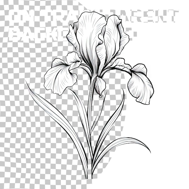 Hand drawn iris flower vector monochrome illustration isolated on transparent background