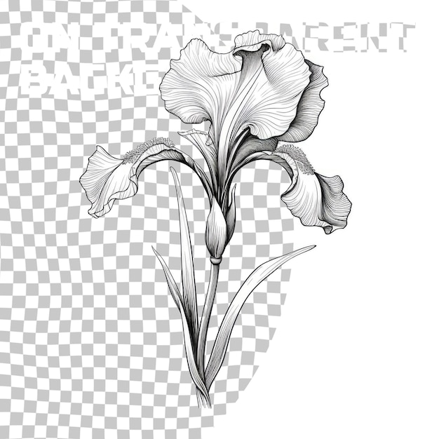 Hand drawn iris flower vector monochrome illustration isolated on transparent background