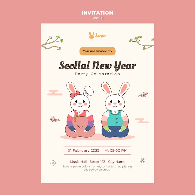 PSD hand drawn korean new year invitation