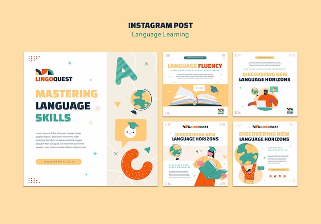 Post di instagram per l'apprendimento delle lingue disegnati a mano