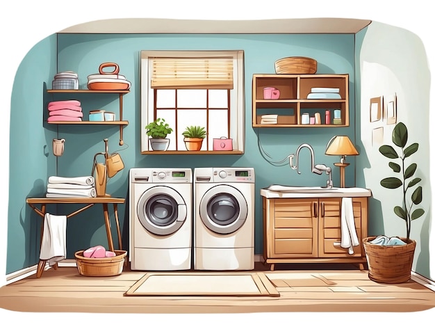 PSD hand drawn laundry room carton vector illustration