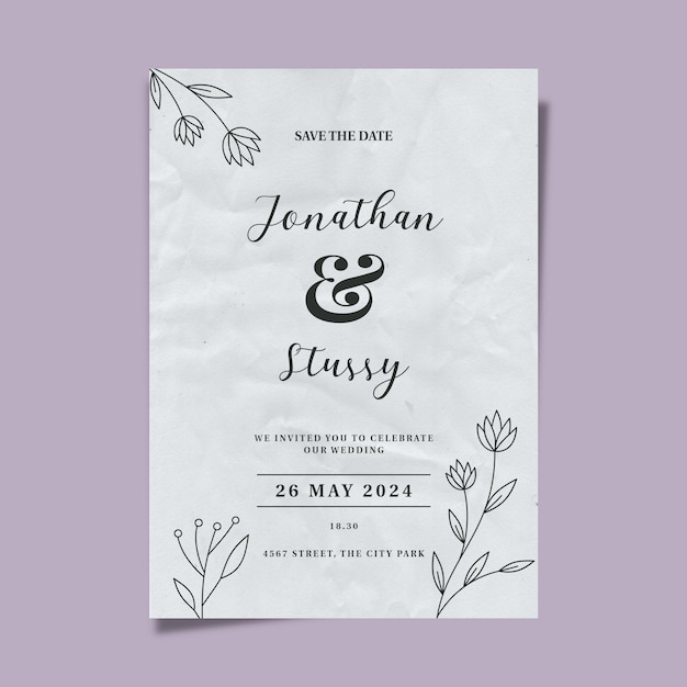 PSD hand drawn leaves wedding invitation poster minimalist style