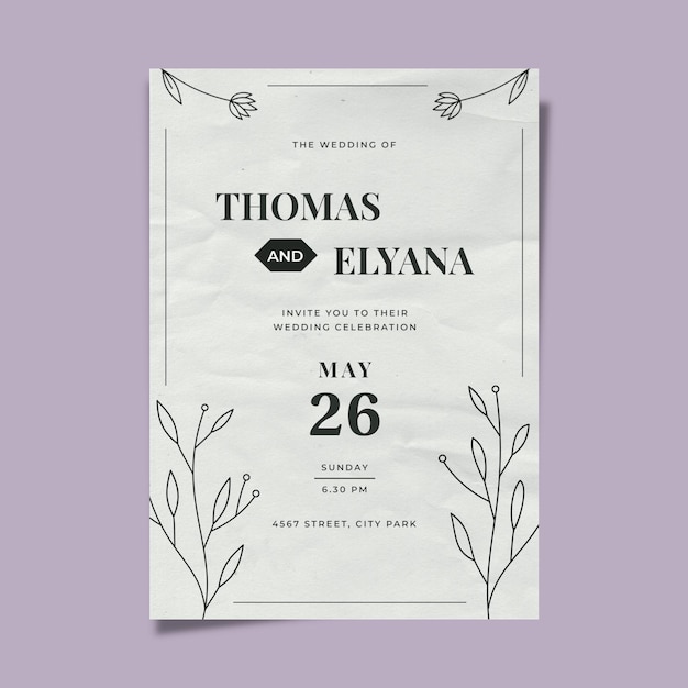 PSD hand drawn leaves wedding invitation poster minimalist style