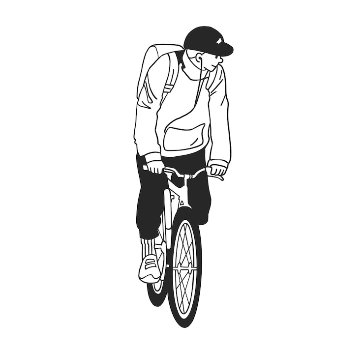 PSD hand drawn line arts a boy riding bicycle with smiling face