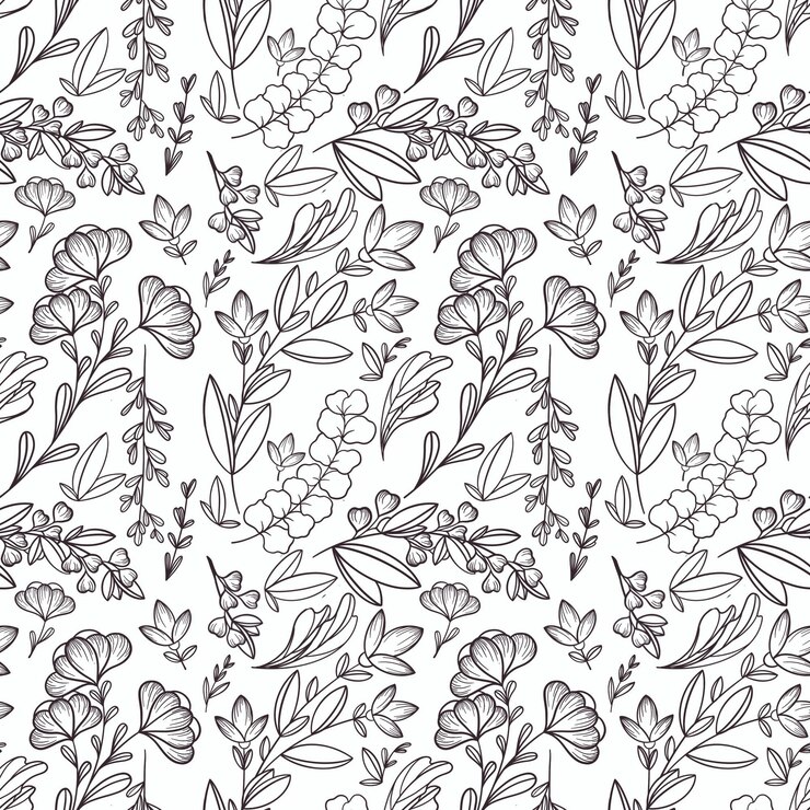 PSD hand drawn monochrome floral pattern featuring flowers branch and leaves on white background