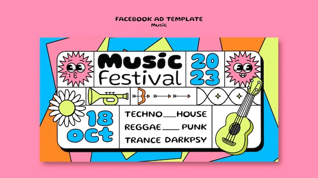 PSD template di facebook del festival musicale disegnato a mano