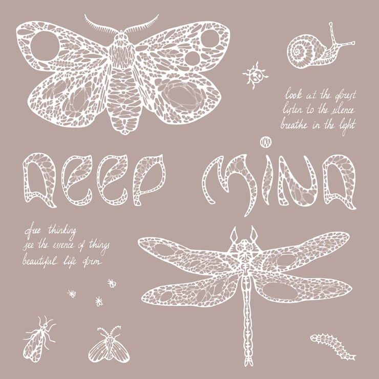 PSD hand drawn mystical insects with text deep mind on brown background symbolic line art with quotes