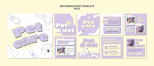 PSD hand drawn pets care instagram posts