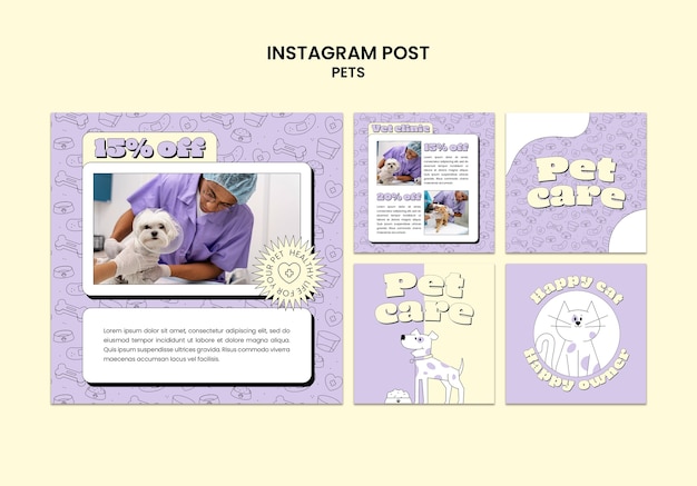 PSD hand drawn pets care instagram posts