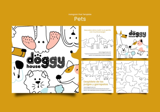 PSD hand drawn pets care instagram posts