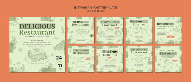 PSD hand drawn restaurant opening  instagram posts