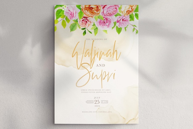 PSD hand drawn rose floral and leaves card design