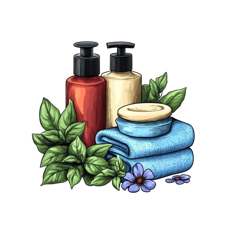 PSD hand drawn spa illustration with bottles towel and flowers