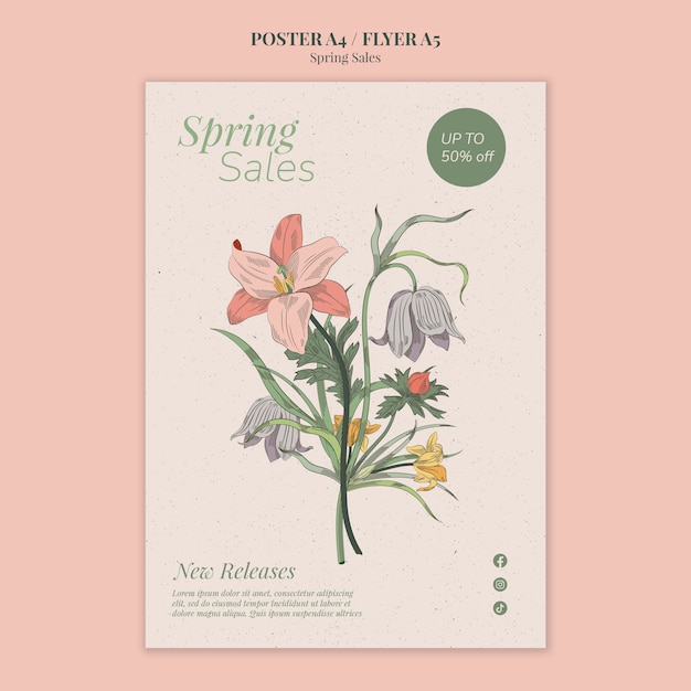 PSD hand drawn spring sale poster template