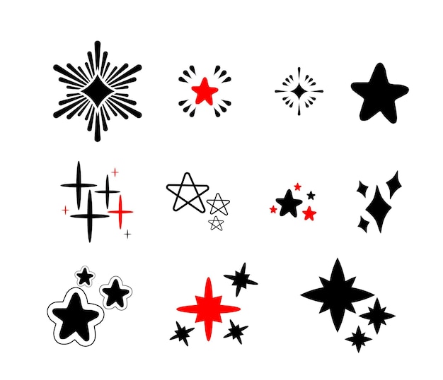 hand drawn star icons in red and black sparkle and twinkle vector set