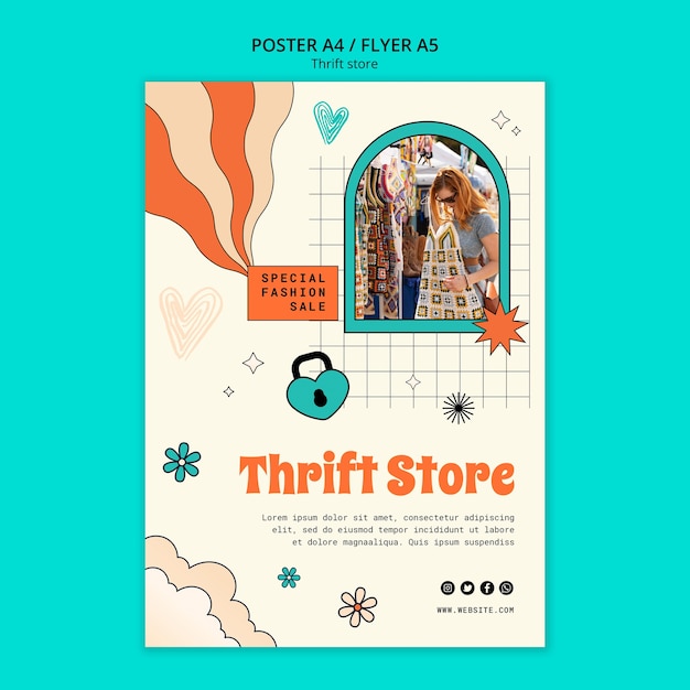 PSD hand drawn thrift store poster template