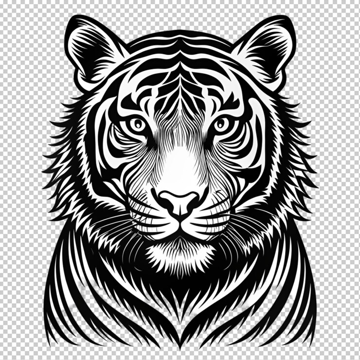 PSD hand drawn tiger in a minimal linocut style on transparent background