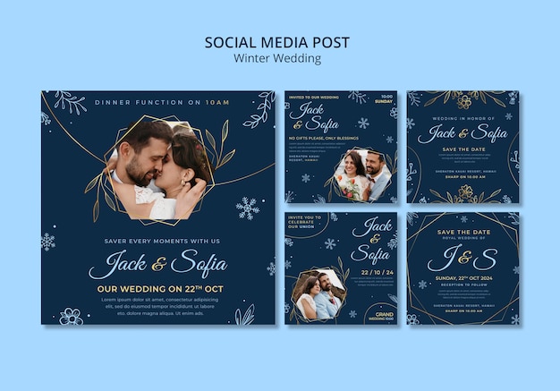 PSD hand drawn winter wedding social media posts