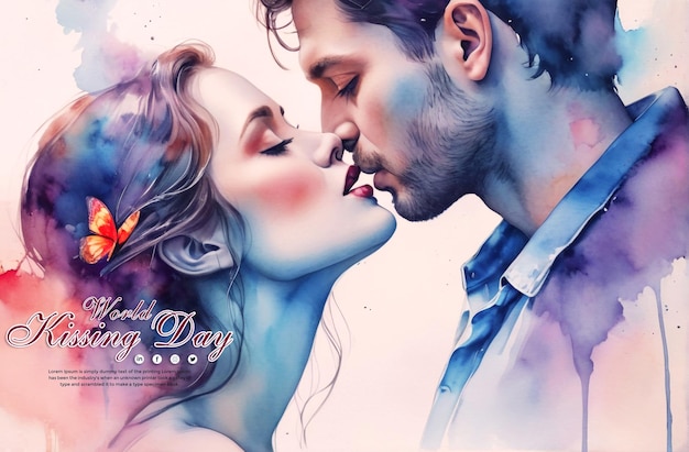 PSD hand drew watercolor background with international kissing day banner template