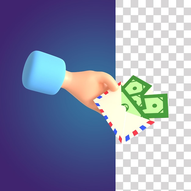 PSD hand en geld envelop 3d illustratie