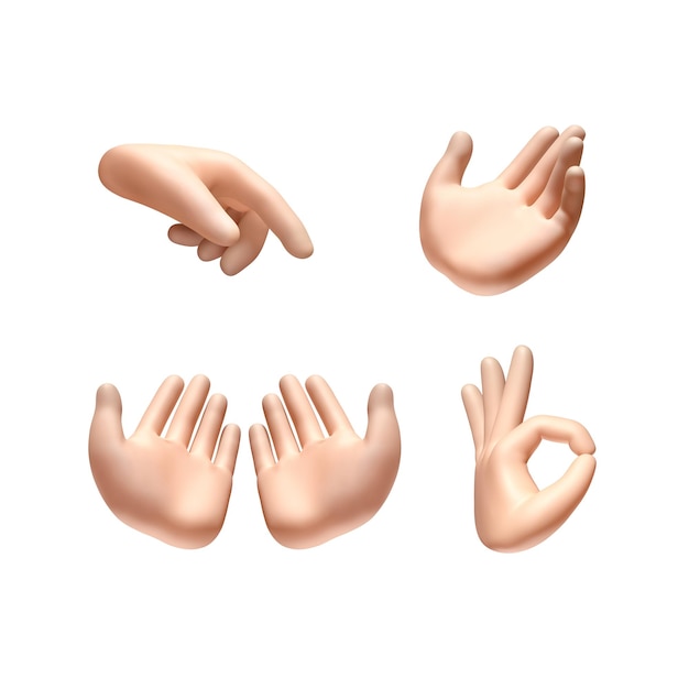 PSD hand gestures set isolated background collection of cartoon hands in various gesture activity 3d render illustration