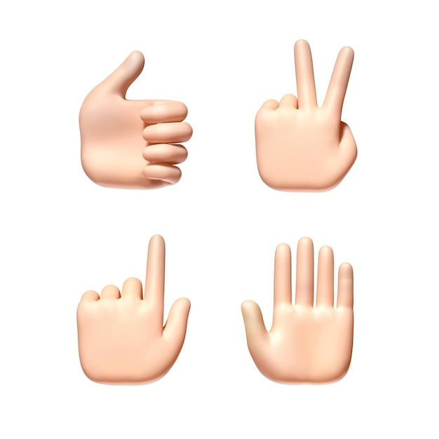 hand gestures set isolated background collection of cartoon hands in various gesture activity 3d render illustration