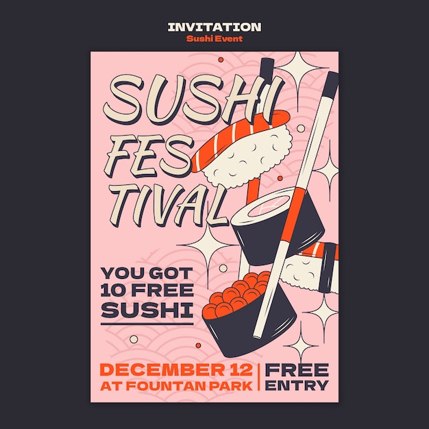 PSD hand getrokken sushi evenement uitnodiging sjabloon