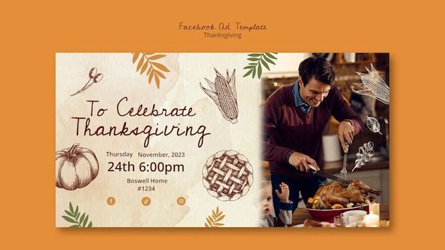 PSD hand getrokken thanksgiving viering facebook-sjabloon