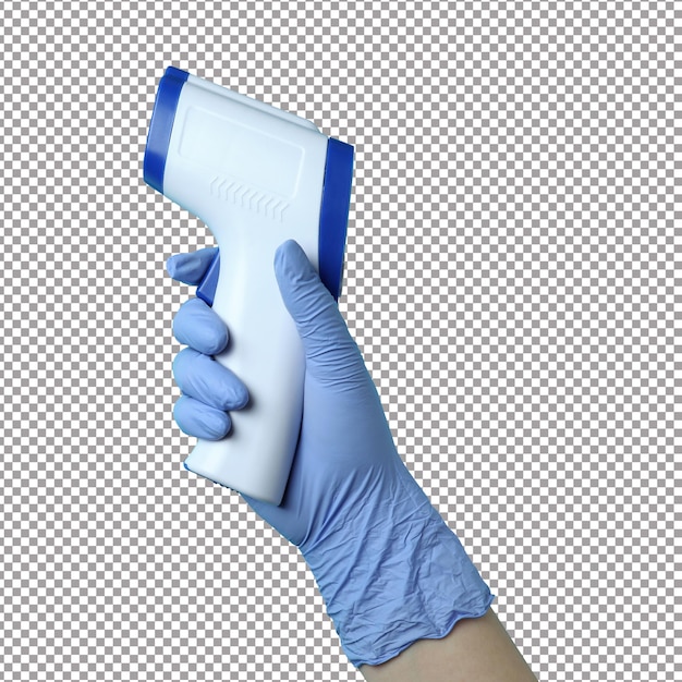 PSD hand in glove hold thermometer gun on three tone background