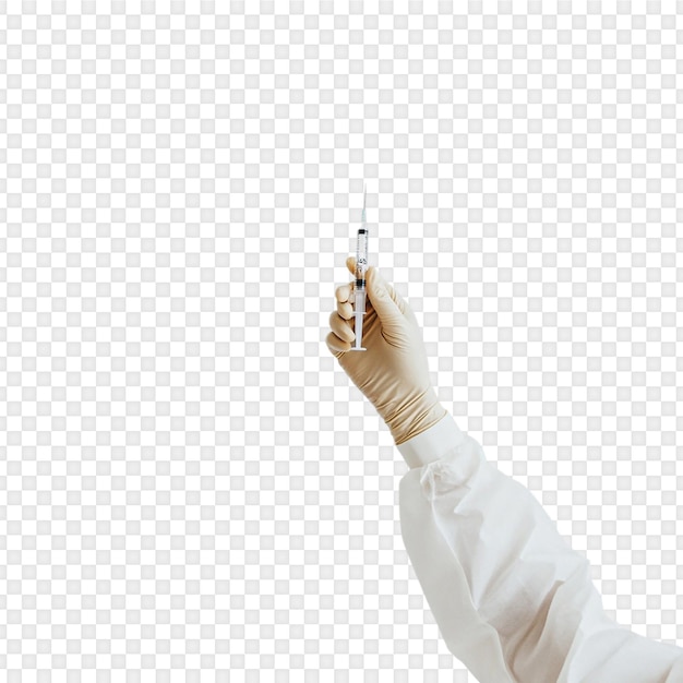 hand in glove holding a syringe isolated on transparent background