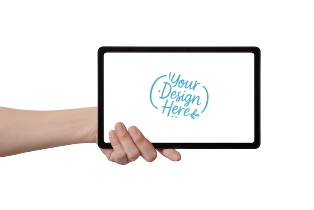 Hand holding a tablet with a blank screen for your design