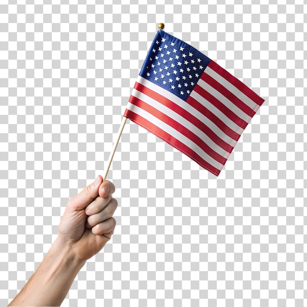 PSD la mano che tiene la bandiera americana sullo sfondo trasparente simbolo patriottico dell'orgoglio degli stati uniti
